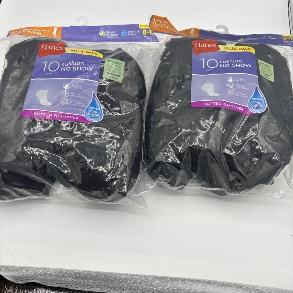 Hanes Womens Cushion No Show Socks Ecosmart 20 Pairs 8-12 Black 650/1P